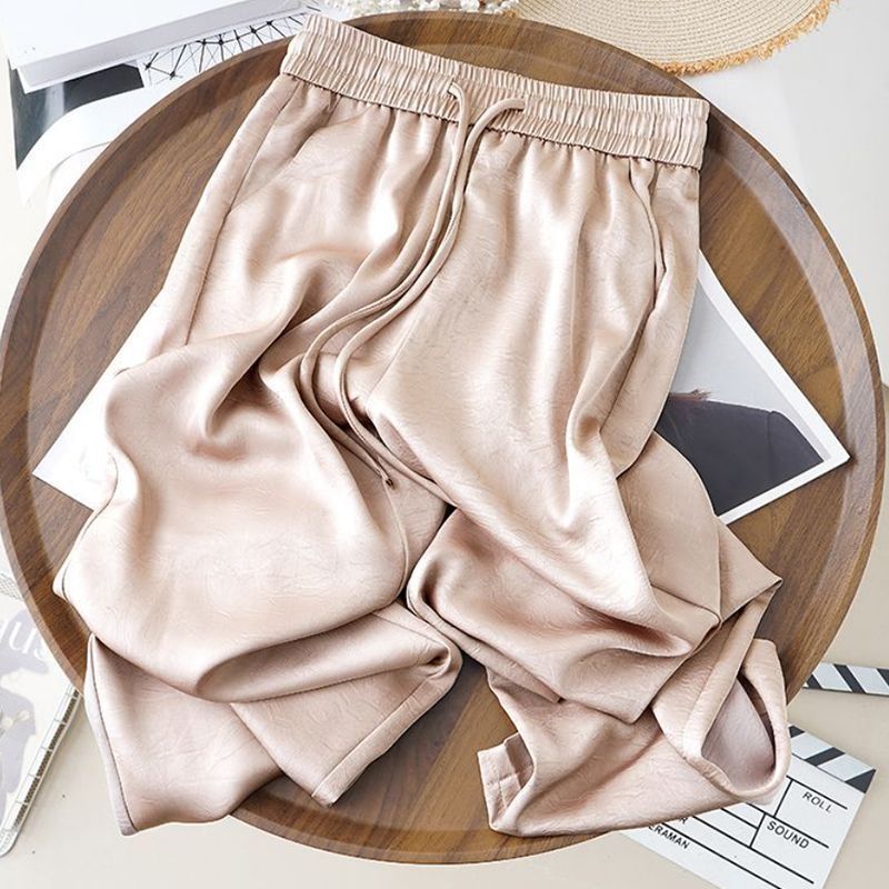 Pantalones de satén jacquard de pierna ancha de seda de hielo estilo chino para mujer