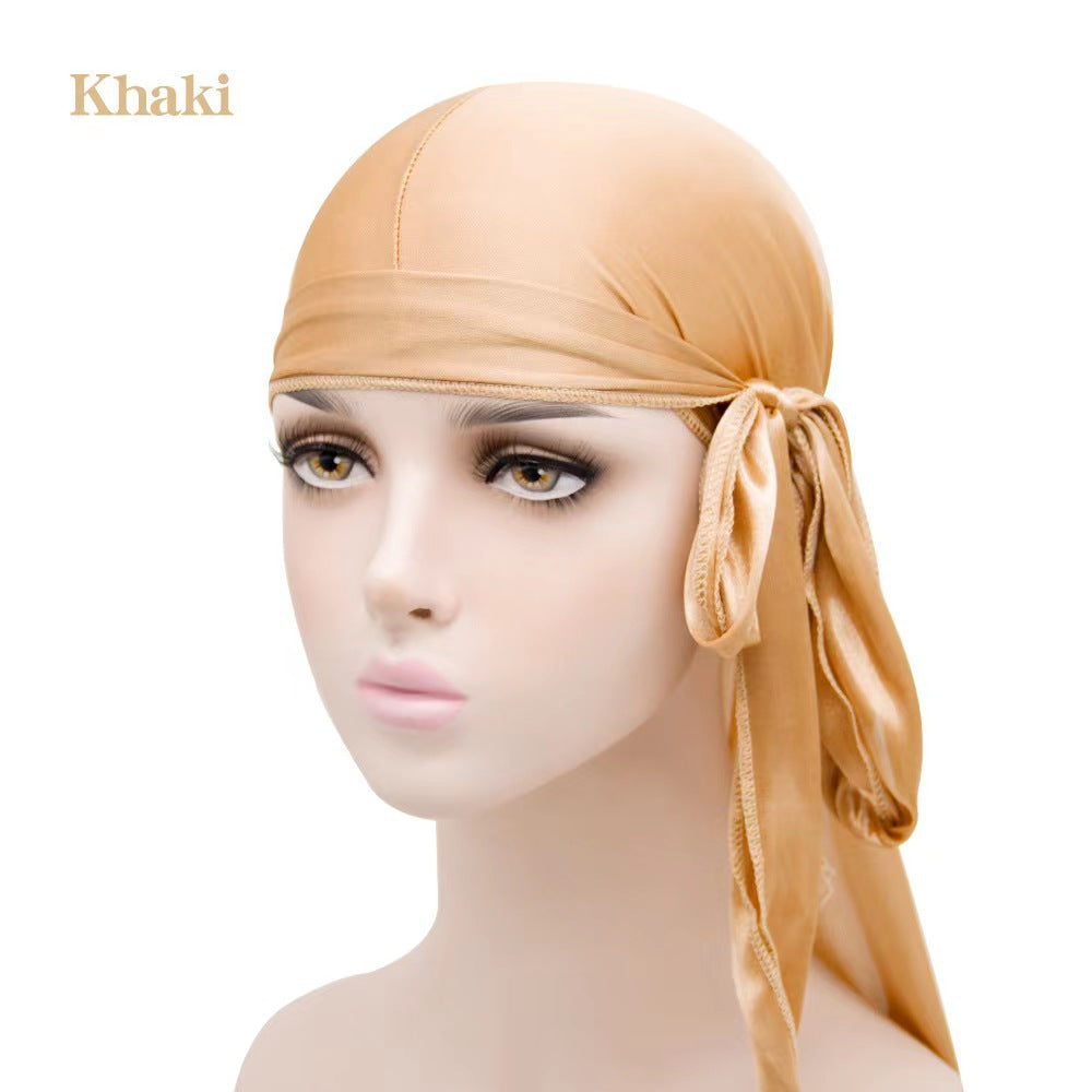 Gorro pirata elástico de cola larga de satén unisex y turbante hip hop para hombre y mujer, bandana elástica para disfraz y moda.