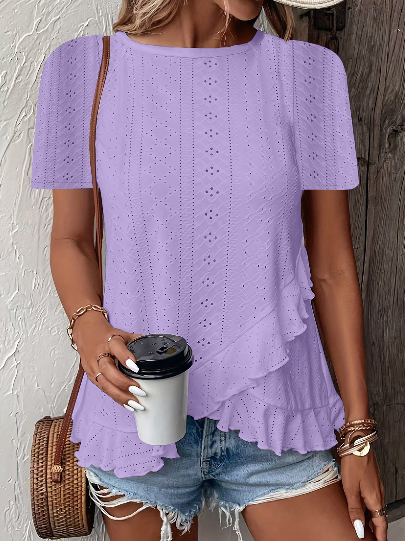 Womens Fashion Casual Solid-color Short-sleeve Crew Neck
