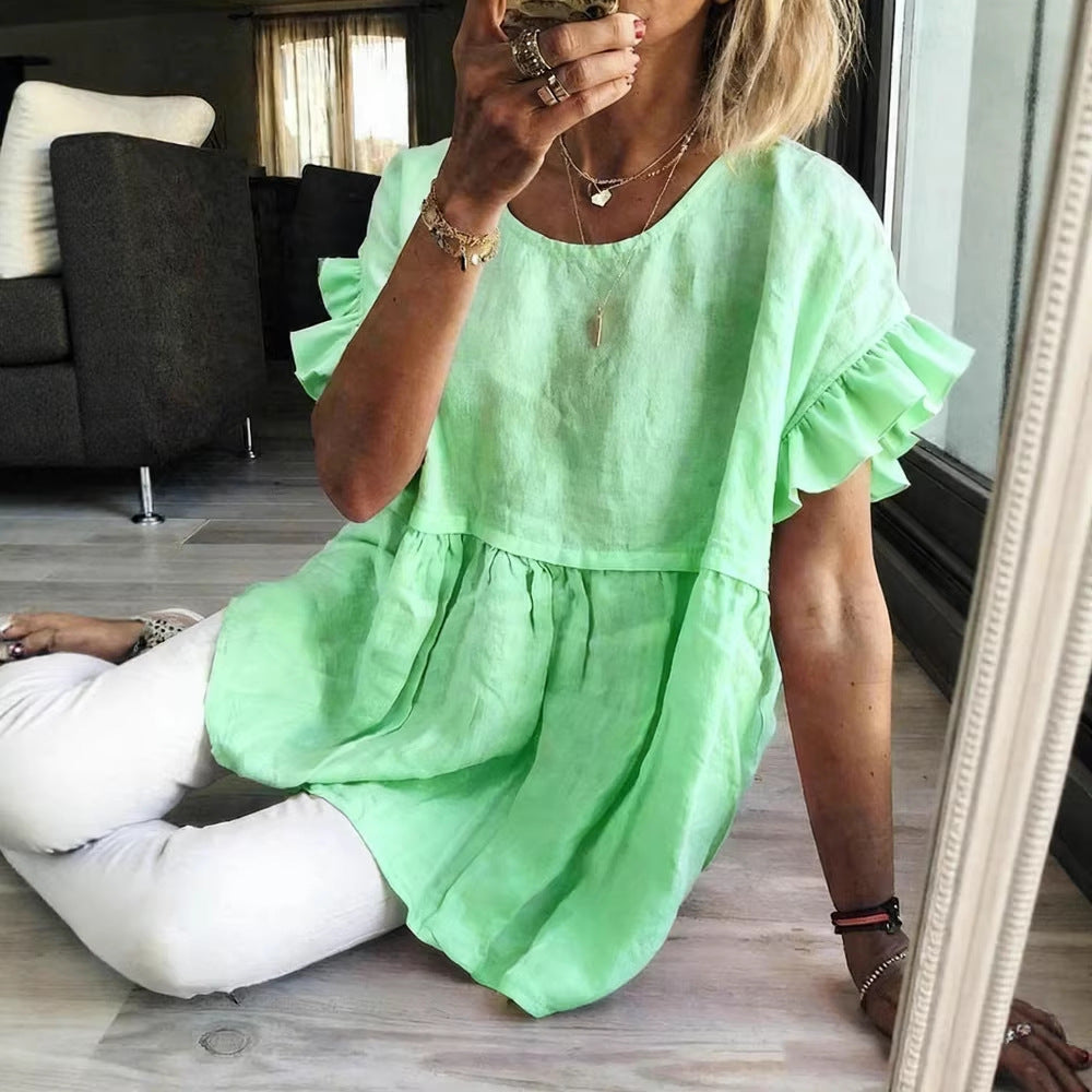 Solid-color Crewneck Short-sleeve Ruched Womens Top