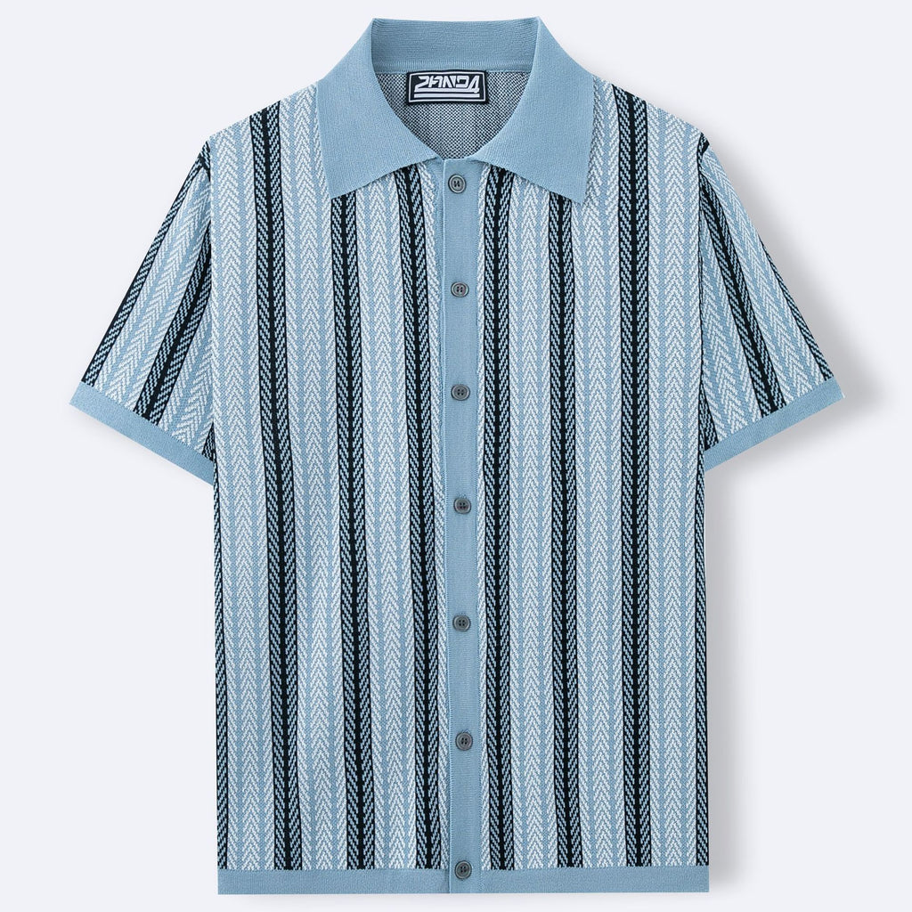 Men's Short-Sleeve Striped Knitted Cardigan Jacquard Polo Shirt