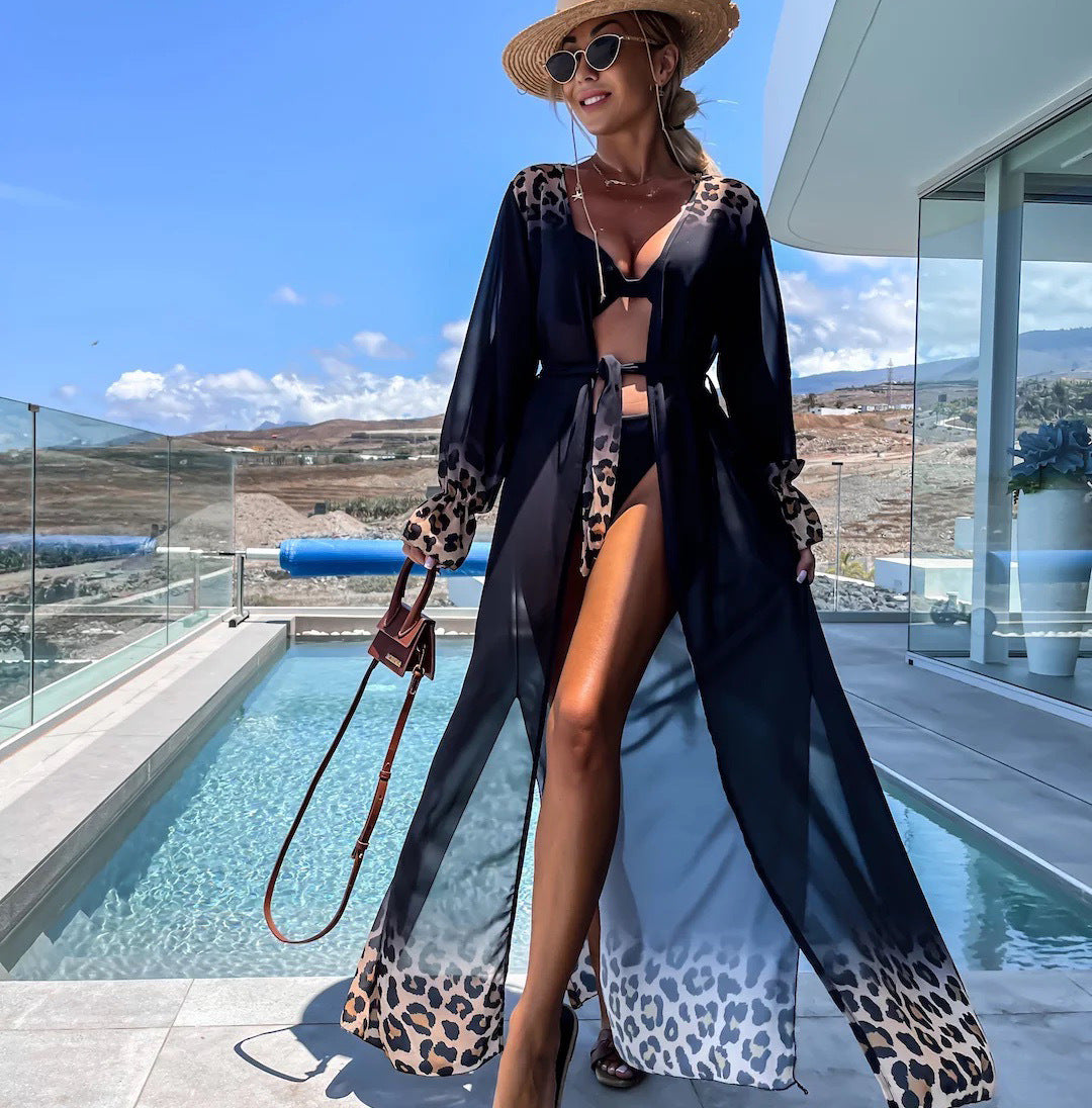 Vestido playero de gasa con cordones y estampado para mujer, ideal para playa y vacaciones.