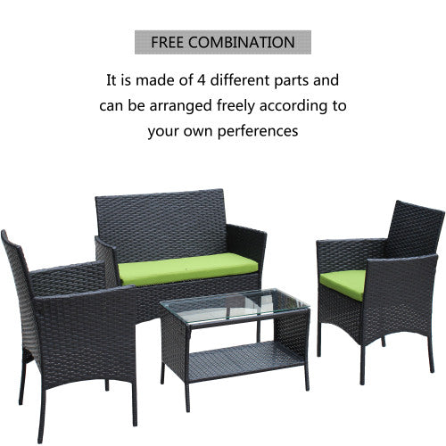 Juego de 4 muebles de patio de ratán con asiento acolchado para exteriores, sofá de mimbre con cojín verde