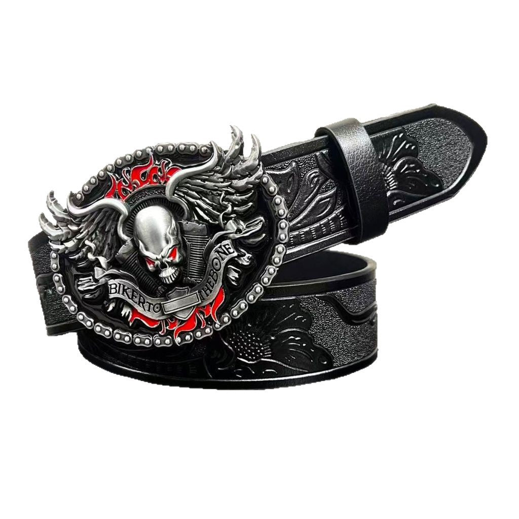 Cinturón de cuero para hombre con hebilla de aleación y diseño vintage en relieve.