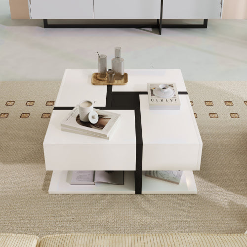 Coffee Table, Table With 4 Drawers, Unique Color Matching And Line Design, Storage Space At The Bottom. 78x78x36cm