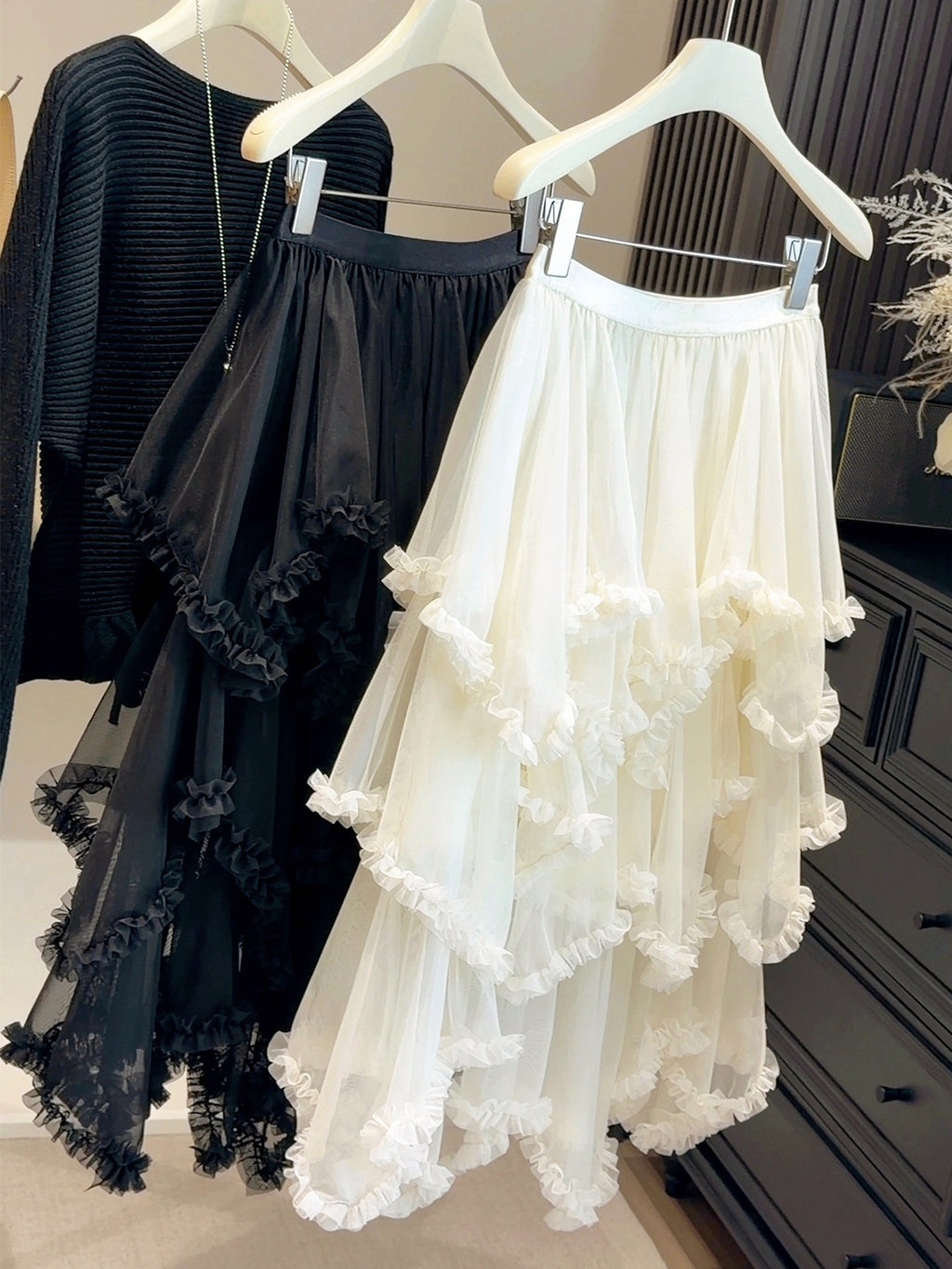 Womens Fashion Irregular Ruffle Trim Mesh Skirt