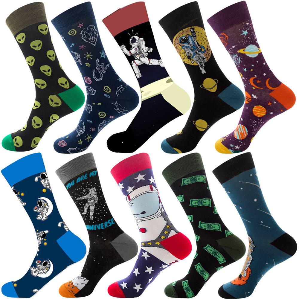 Calcetines de otoño para hombre con estampado de rombos y temática navideña de animales y frutas.