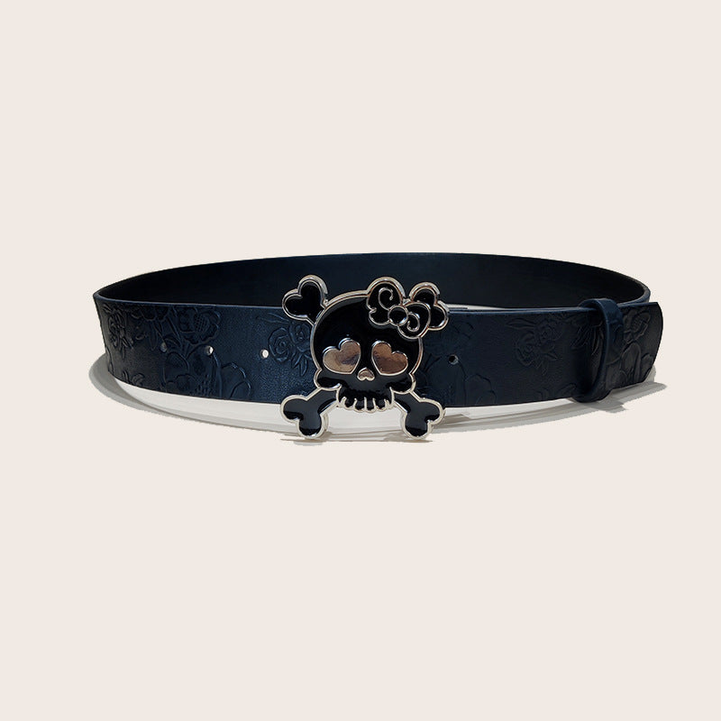 Cinturón de piel sintética personalizado con calavera y rosa en relieve