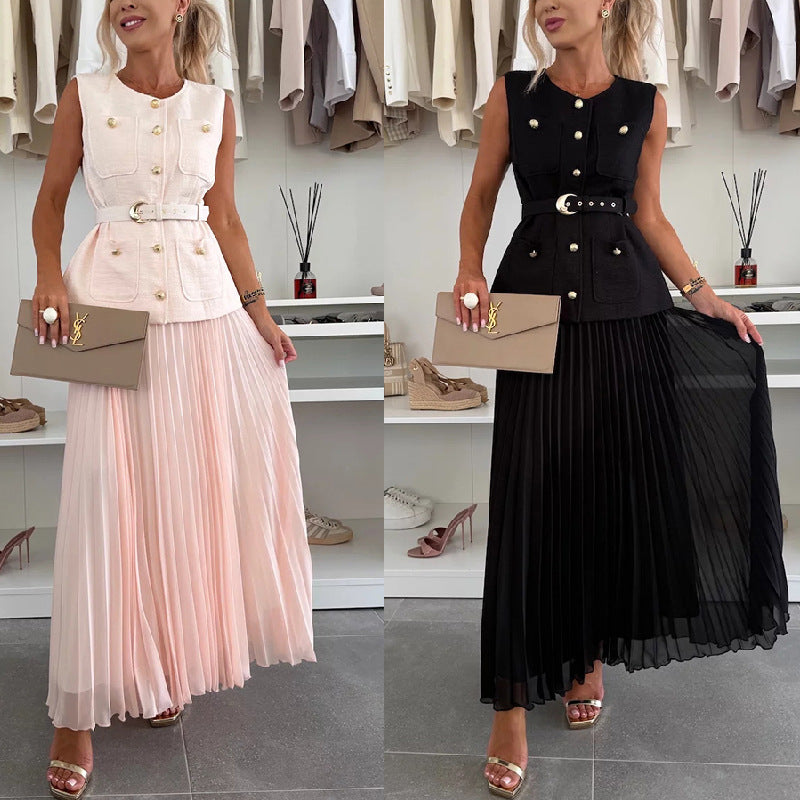 Conjunto de dos piezas con chaleco sin mangas estilo Chanel y falda plisada de malla