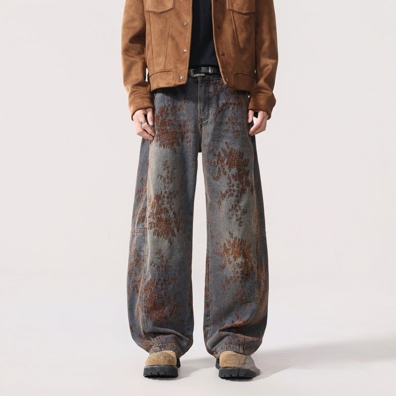 American-style Vintage Jacquard Flocking Embroidered Fleece-lined Jeans