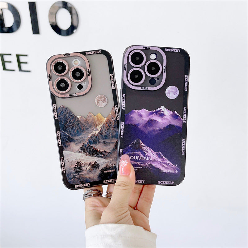 Nueva funda morada oscura para Apple 14 con paisaje de montaña