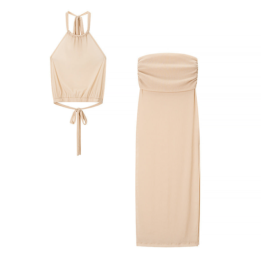 Conjunto de top sin mangas con abertura en el abdomen y vestido largo ajustado para mujer