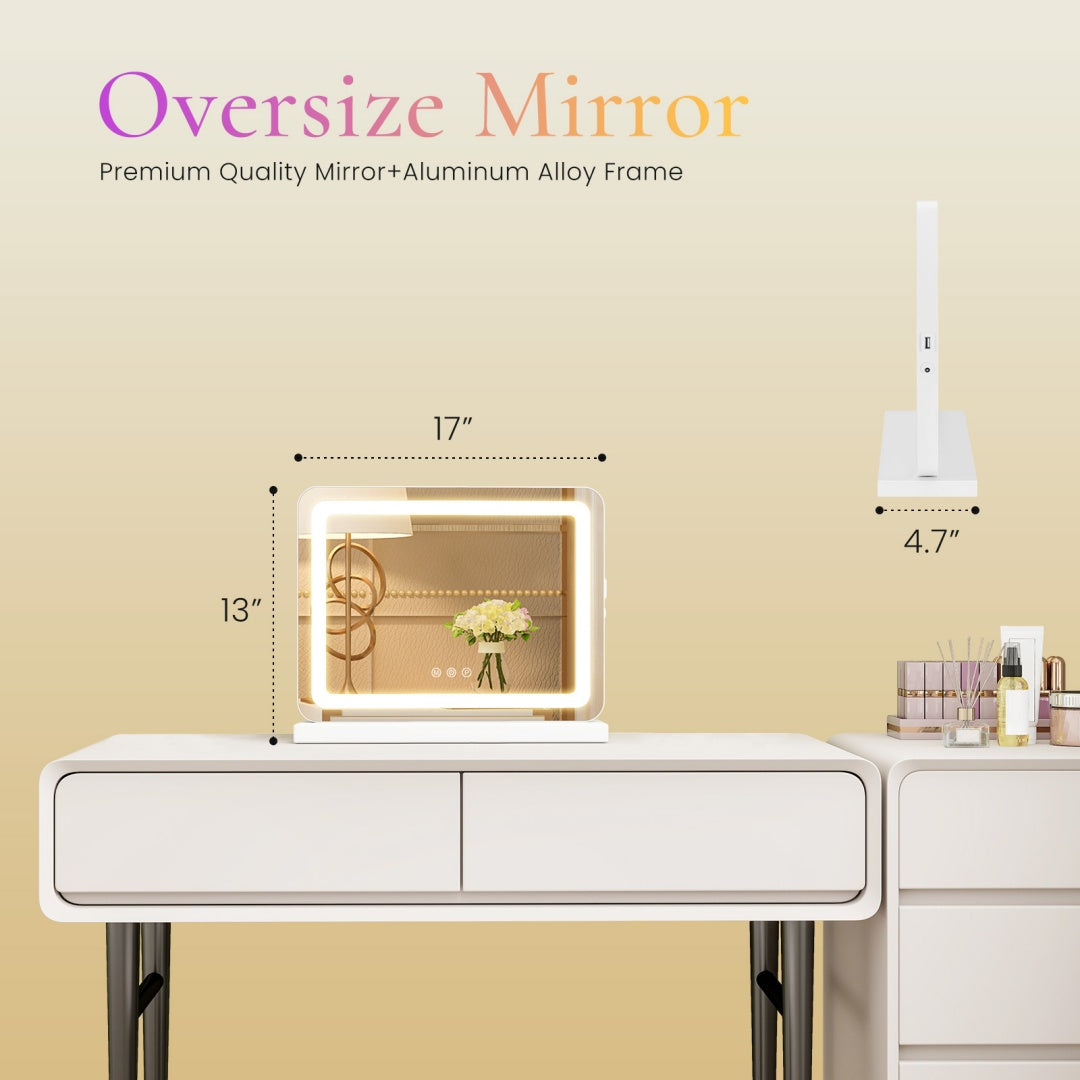 Espejo de tocador con luces LED, espejo de maquillaje con 3 modos de color regulables, control táctil, espejo de tocador de escritorio cuadrado blanco.