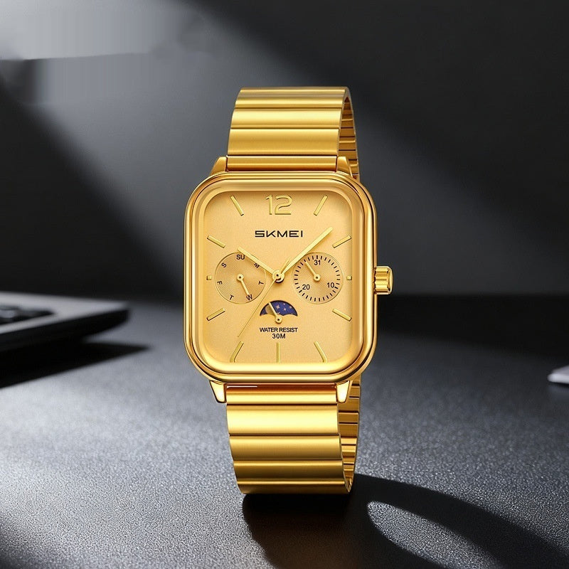 Elegante reloj cuadrado multifuncional con indicador de fase lunar de seis manecillas, diseñado para negocios y resistente al agua.