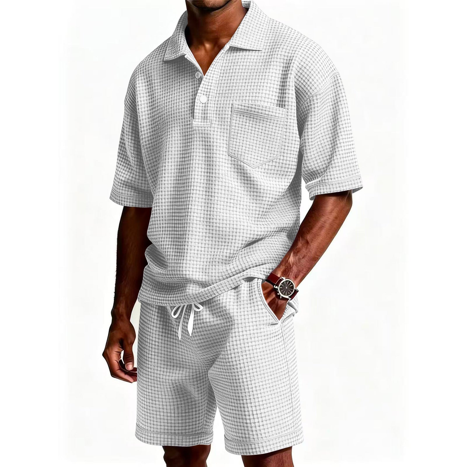 Men's Solid Color Lapel Short-Sleeve Shorts Set