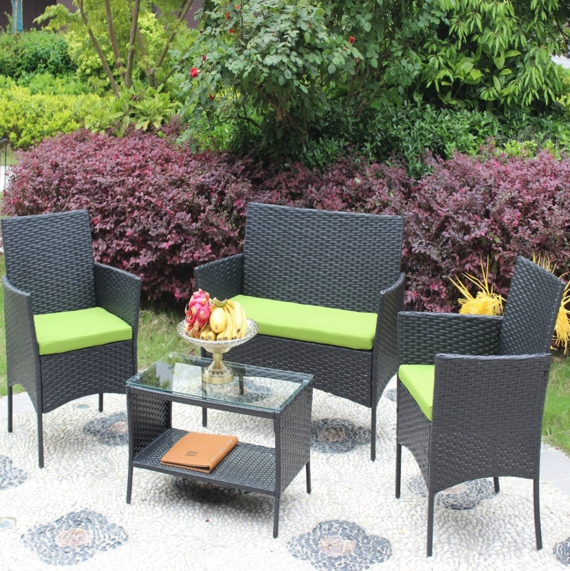 Juego de 4 muebles de ratán para patio, sofá de mimbre para exterior con cojines verdes