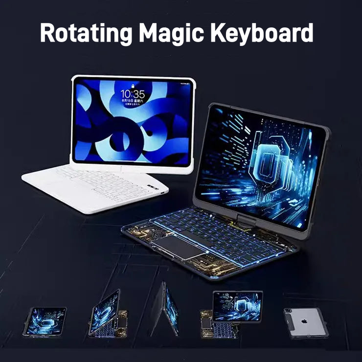 Funda transparente con teclado giratorio de 360 ​​grados para iPad, teclado inteligente con trackpad, compatible con Bluetooth y ranura para lápiz.