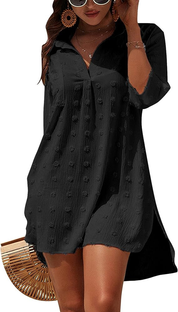 Vestido playero de manga tres cuartos de color liso con protección solar