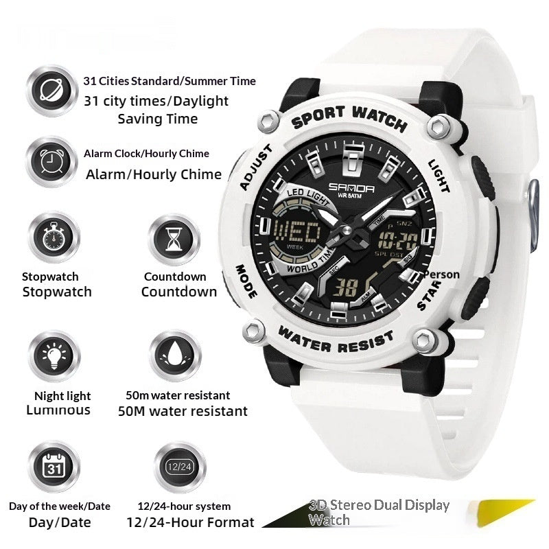 Reloj cronógrafo luminoso de doble pantalla para estudiantes, ideal para senderismo.