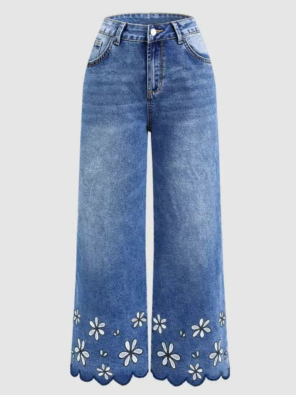 Chrysanthemum Embroidered Casual Stretch Womens Cropped Denim Jeans