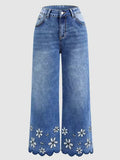 Chrysanthemum Embroidered Casual Stretch Womens Cropped Denim Jeans