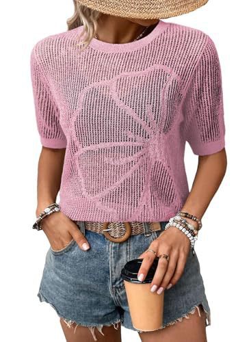 Top de punto de manga corta con cuello redondo de verano para mujer