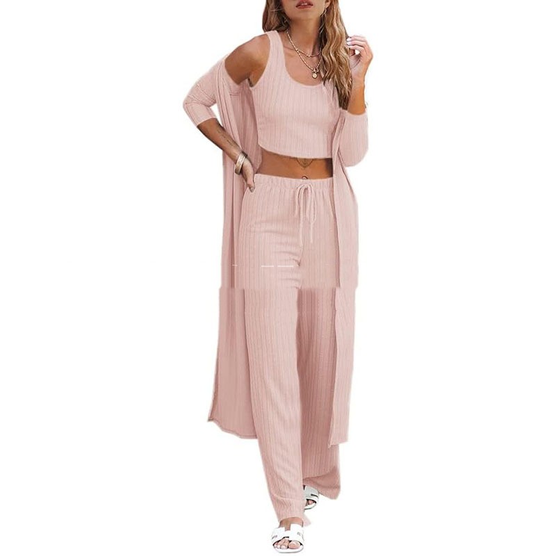 Conjunto de ropa de estar por casa para mujer de tres piezas: chaleco, pantalón y bata