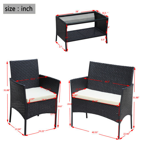 Juego de 4 muebles de patio de ratán con asiento acolchado para exterior, sofá de mimbre con cojín beige