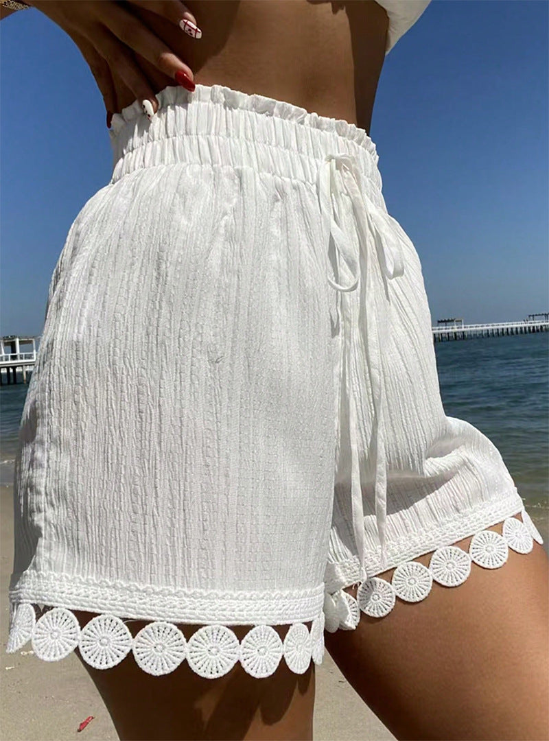 Lace-trimmed Casual Beach Shorts For Women