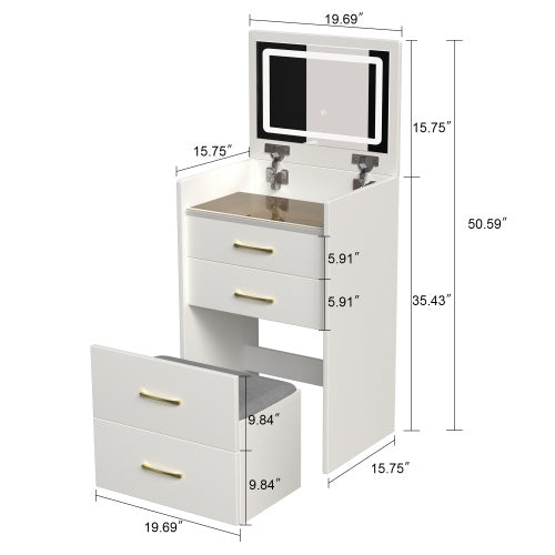 Tocador 3 en 1 con espejo abierto, pequeño juego de tocador con escritorio de cristal visible, compacto con 3 cajones, para dormitorio.
