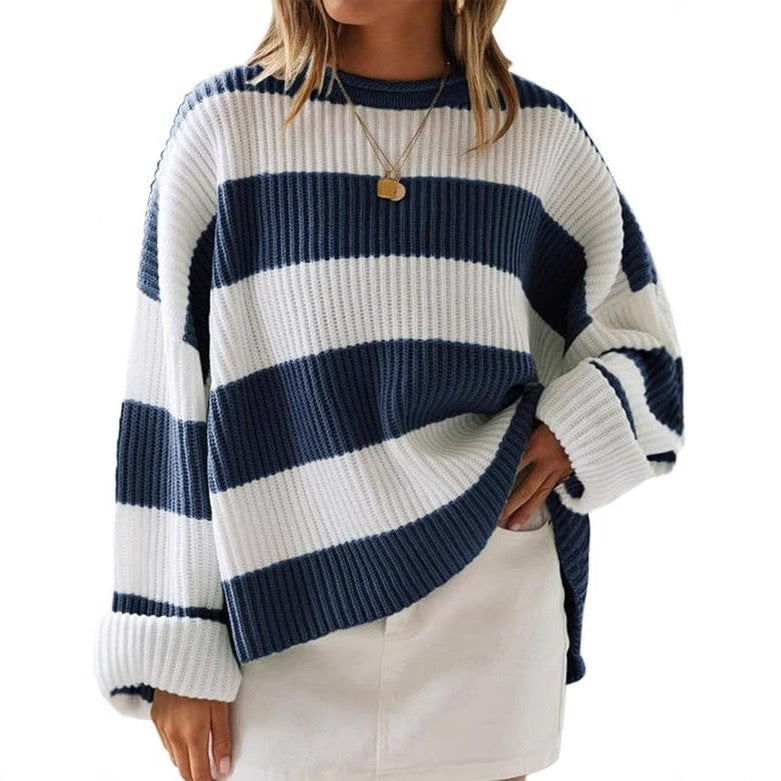 FallWinter Crew-Neck Long Colorblock Striped Knit Sweater