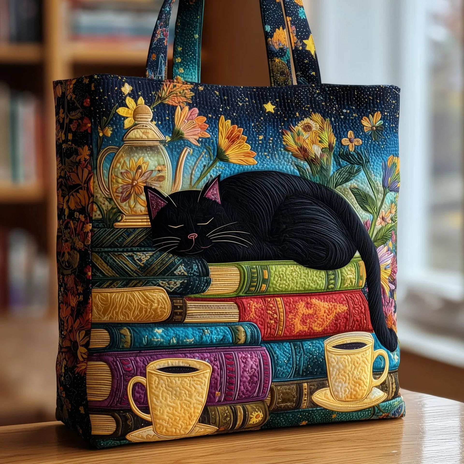 Bolso tote creativo de gran capacidad con impresión digital y bordado acolchado.
