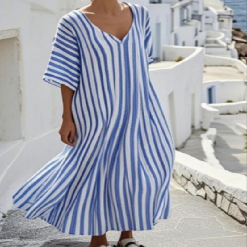 Vestido holgado de manga corta con cuello a rayas para mujer, de moda, talla grande