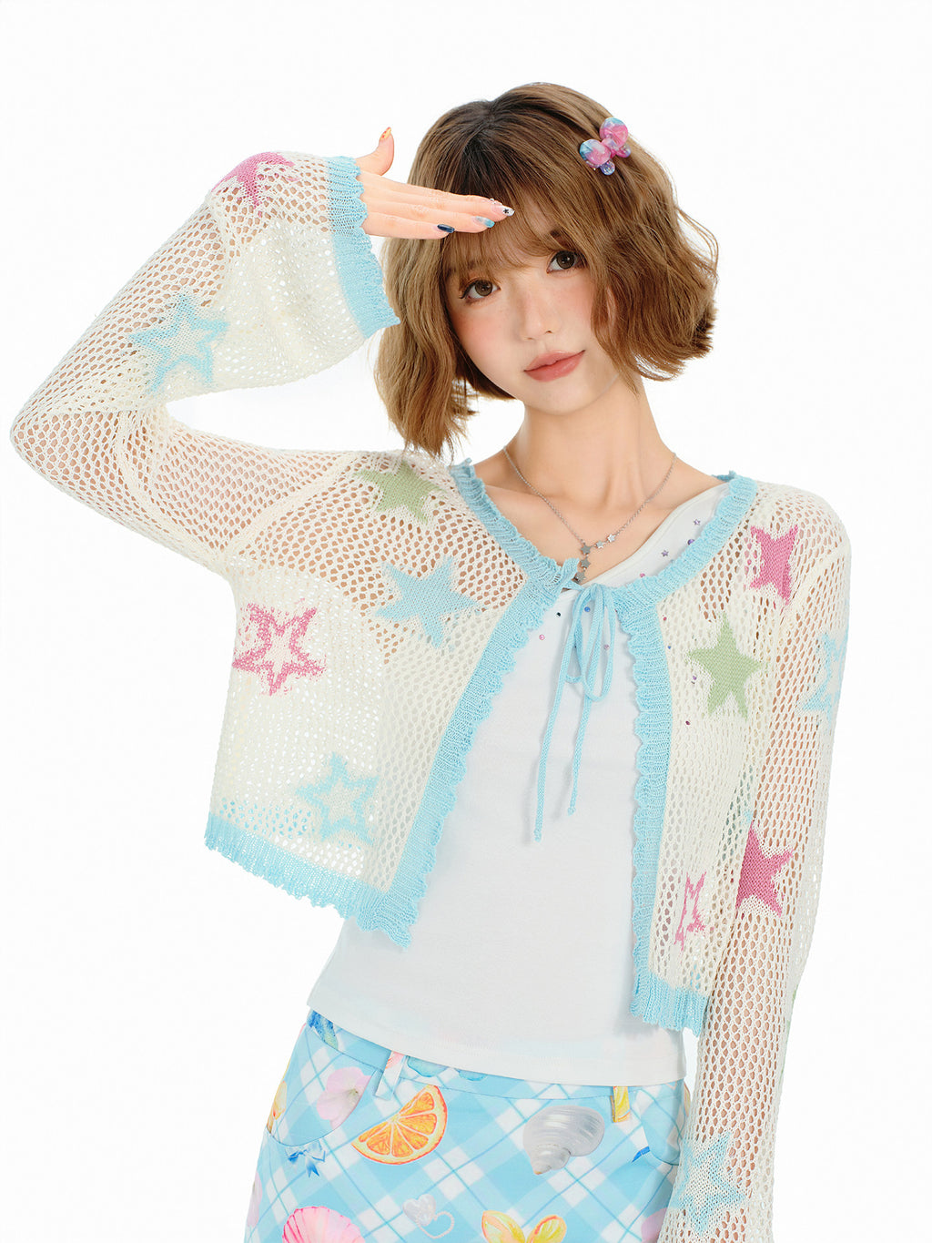 Cárdigan de punto calado con estampado floral en colores contrastantes para mujer