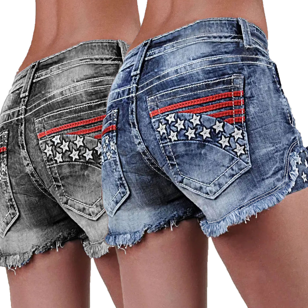 Stretchy Patchwork Embroidered Ripped Denim Shorts