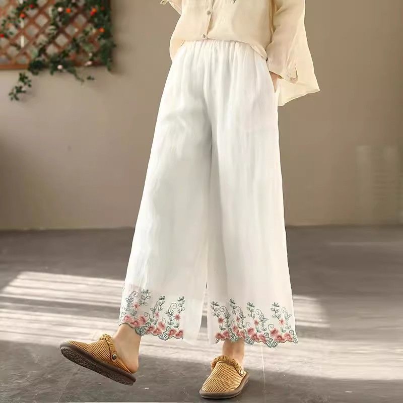 Pantalones anchos de verano de algodón y lino para mujer