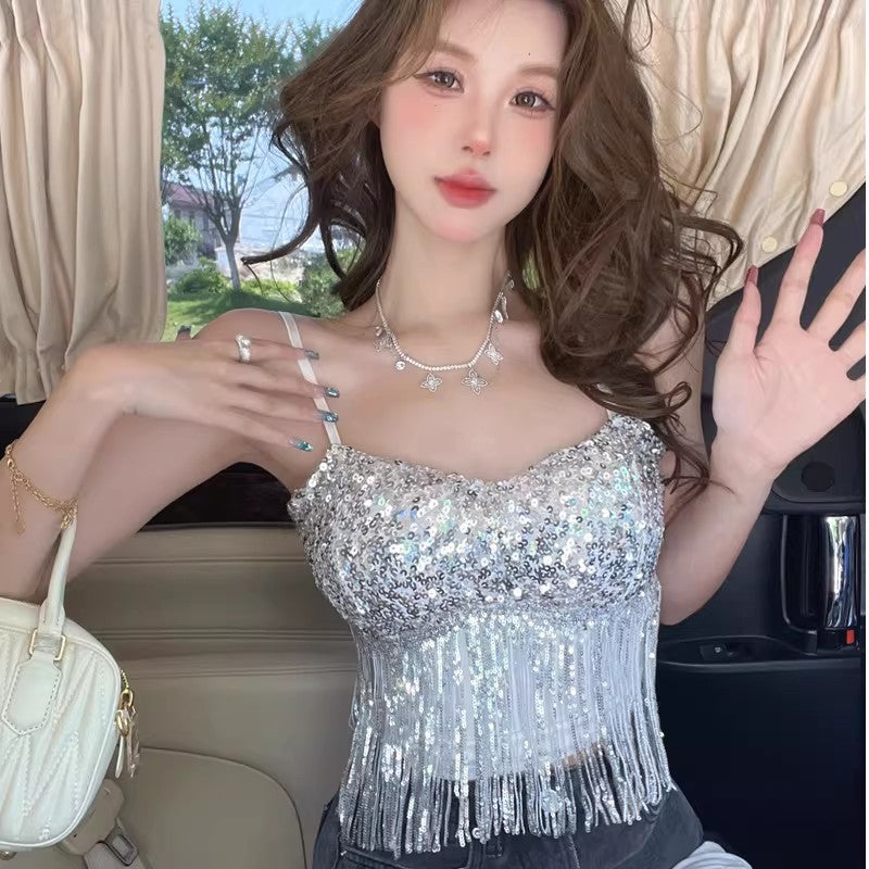 Sexy Tassel Patchwork Sequin Tube Top Women