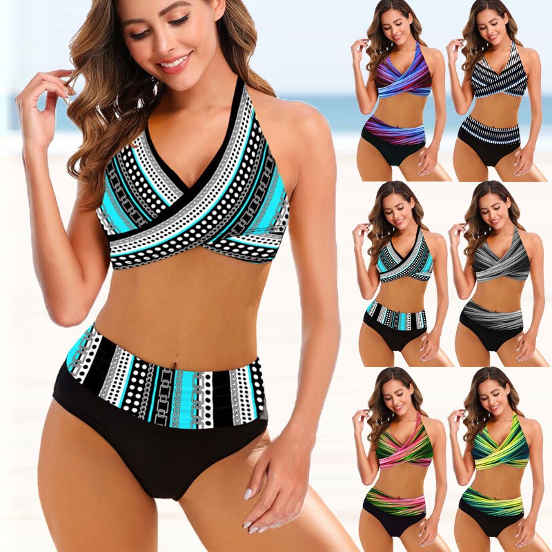 European And American Ladies Split Bikini Striped Tie-dye Hollow Bikini Swimsuit