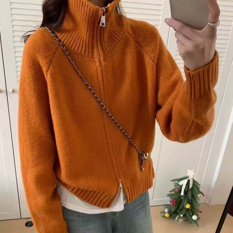 Cárdigan de punto holgado, sencillo, con cuello alto y estilo relajado