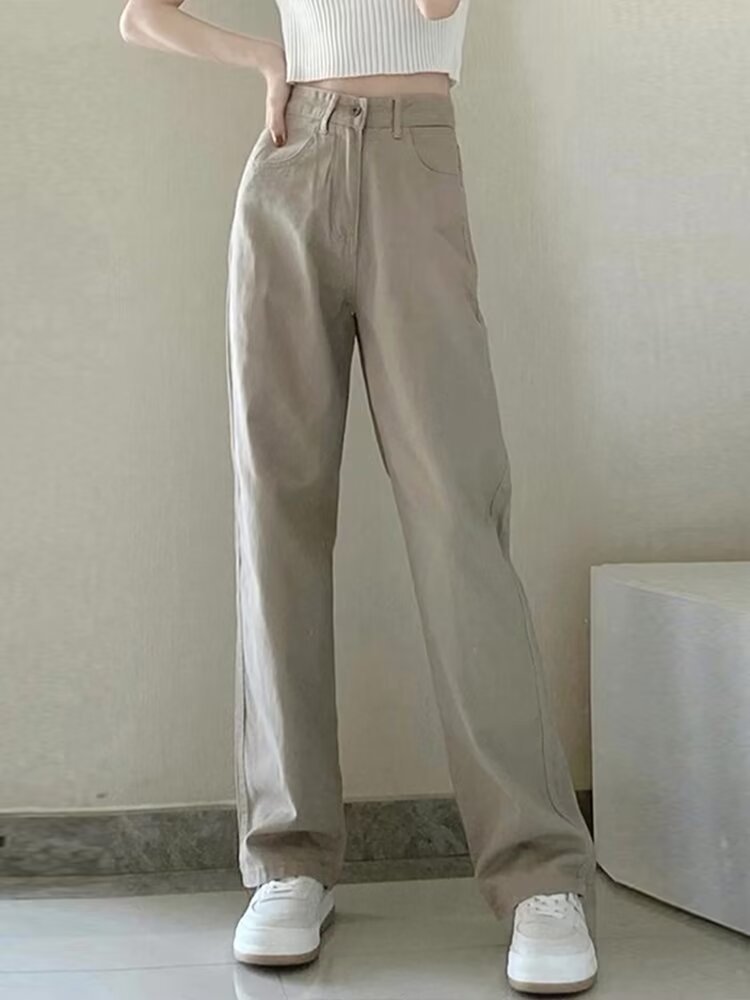 Solid Color Simple Straight Jeans For Women