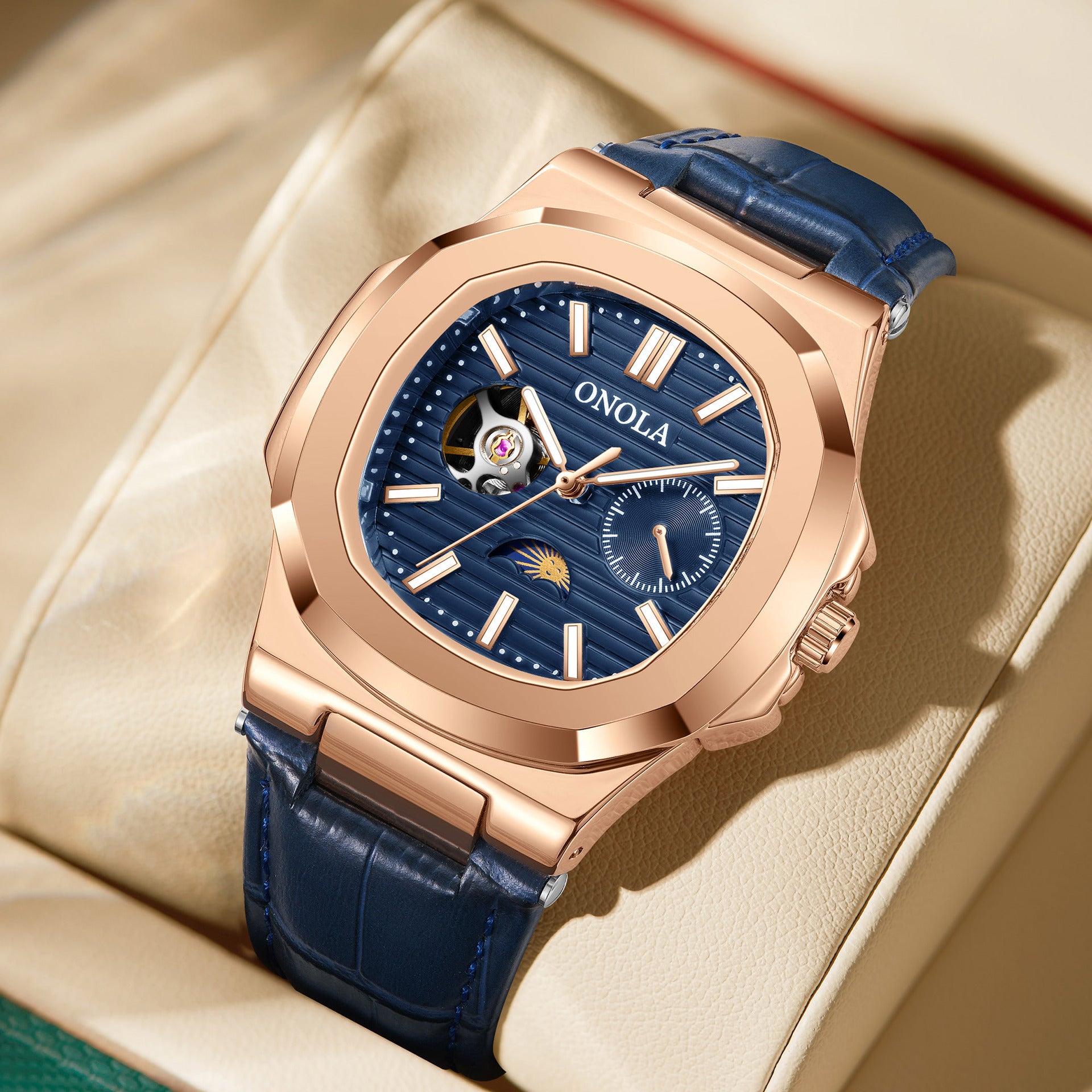 Reloj mecánico de alta calidad con diseño de sol, luna y estrellas, correa de cuero impermeable.