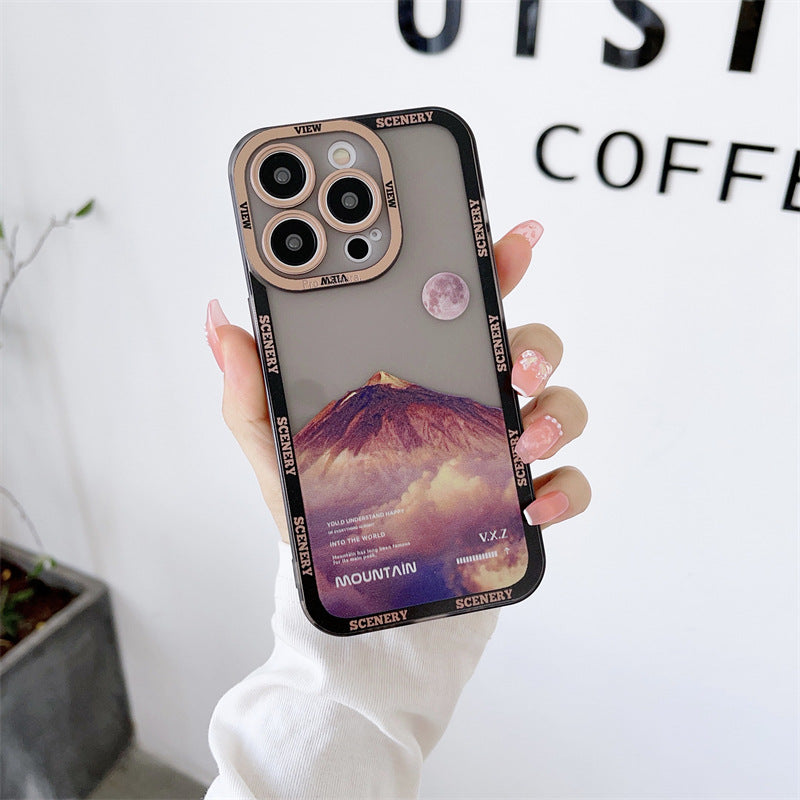 Nueva funda morada oscura para Apple 14 con paisaje de montaña