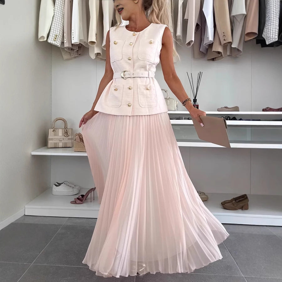 Conjunto de dos piezas con chaleco sin mangas estilo Chanel y falda plisada de malla