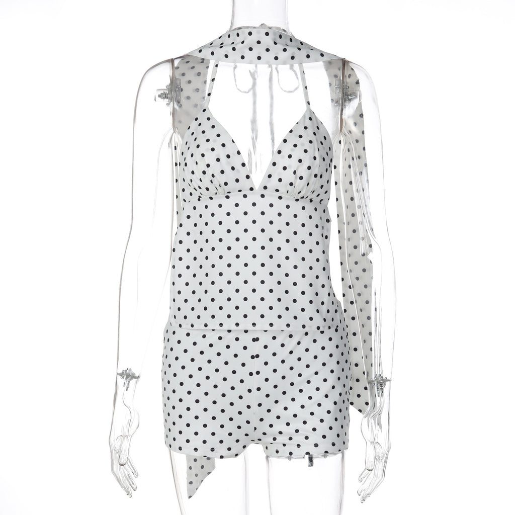 Winter Polka-Dot Lace-Up Camisole And Slim-Fit Shorts Two-Piece Set For Women