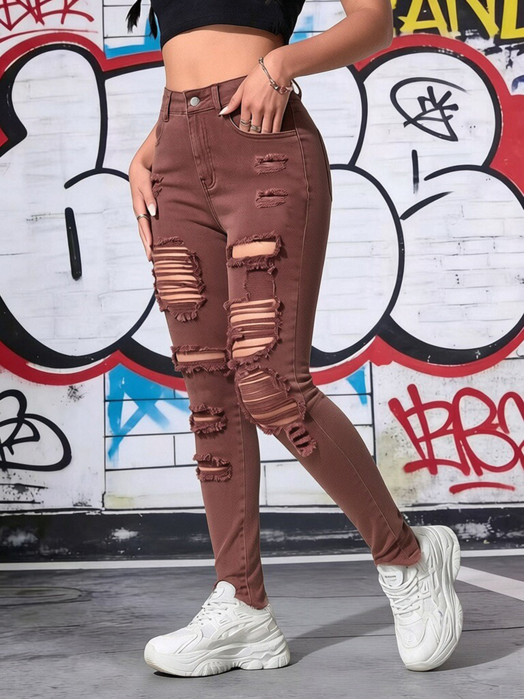 Women's High Waist Brown Ripped Skinny Jeans, Stretchy Distressed Denim Pants