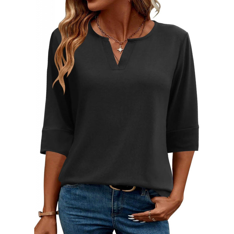 Retro V-neck Elegant Loose-Fitting Mid-sleeve Casual Shirt