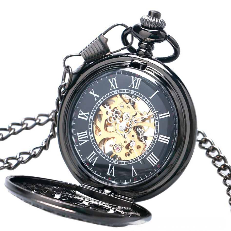 Reloj de bolsillo mecánico retro grande color pistola con diseño de telaraña