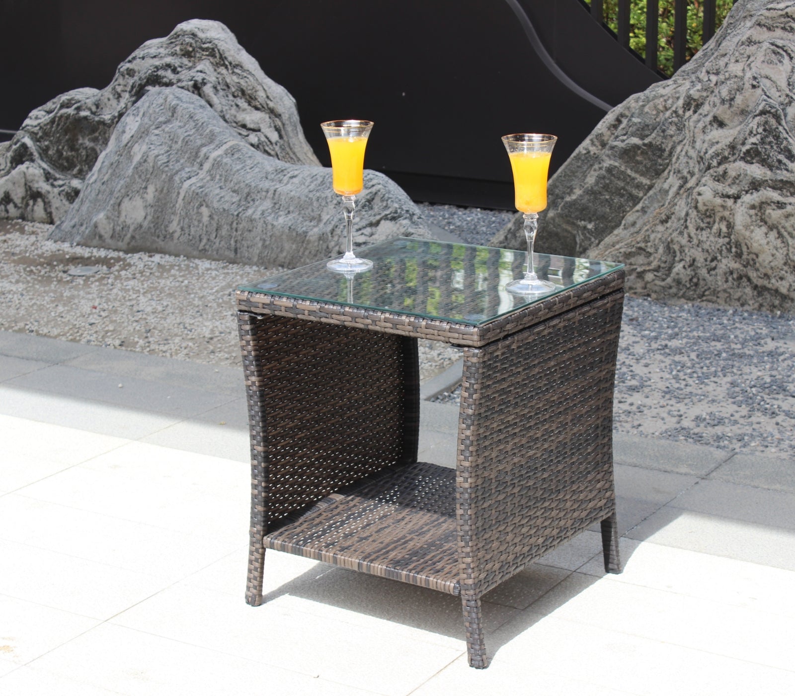 Muebles de exterior para patio, 1 mesa de centro con vidrio templado transparente