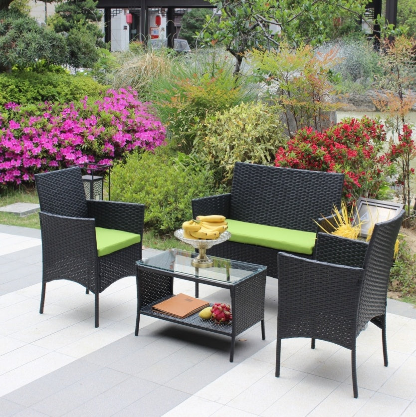 Juego de 4 muebles de ratán para patio, sofá de mimbre para exterior con cojines verdes