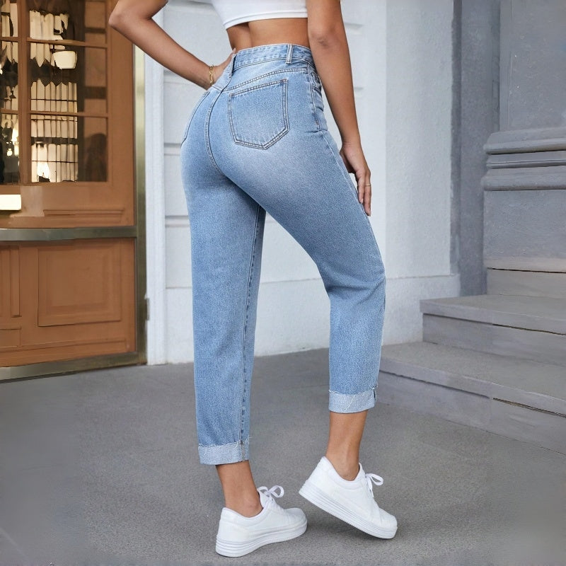 Women's Light Blue Casual Rolled Cuff Ankle-Length Stretch Skinny Jeans For Spring & Summer